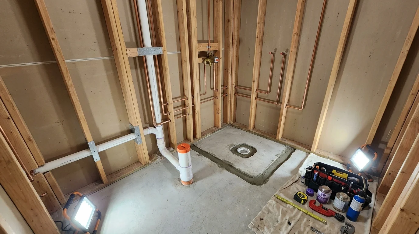 Bathroom rough-in plumbing during remodel by Johns Plumbing LLC in North Wilkesboro