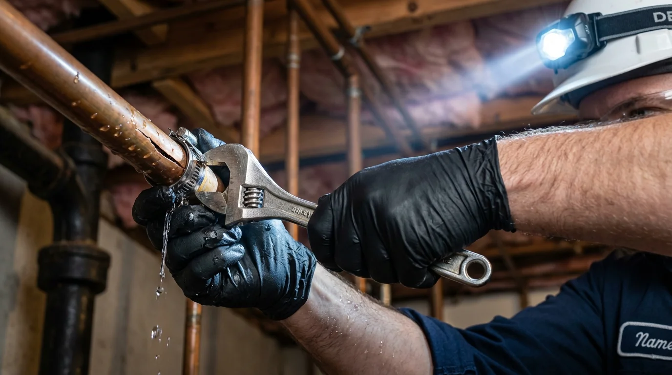 Emergency pipe clamp repair being performed by a Johns Plumbing LLC plumber in North Wilkesboro
