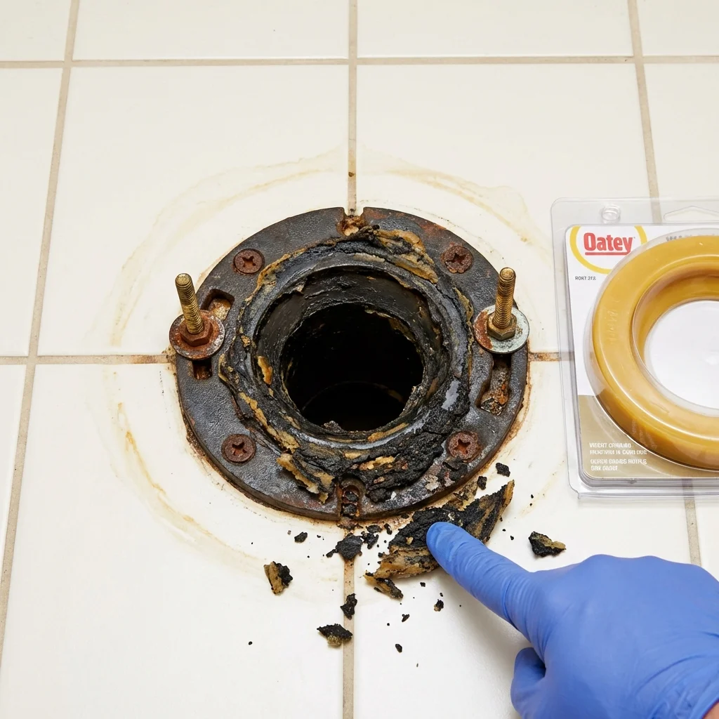 Failed wax ring showing water seepage at the base of a toilet in a North Wilkesboro, NC home
