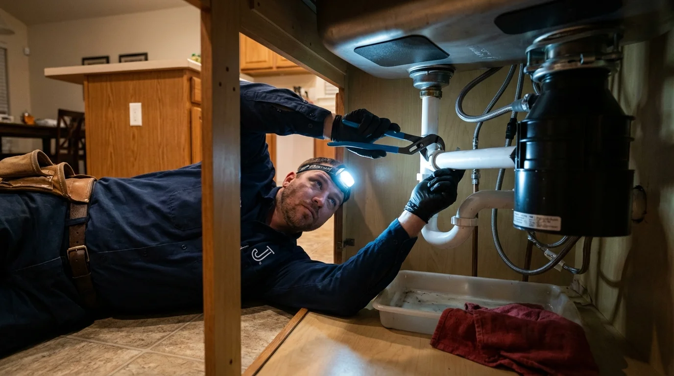 P-trap and supply line connections under a kitchen sink showing a common leak point in North Wilkesboro, NC